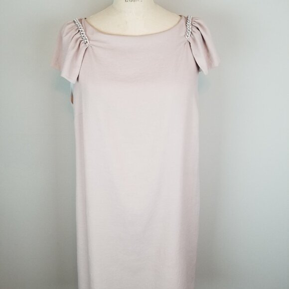 Zara Basic Blush Pink Shift Dress with Flutter Sleeves with Chain Detail Size Lg - Picture 10 of 12